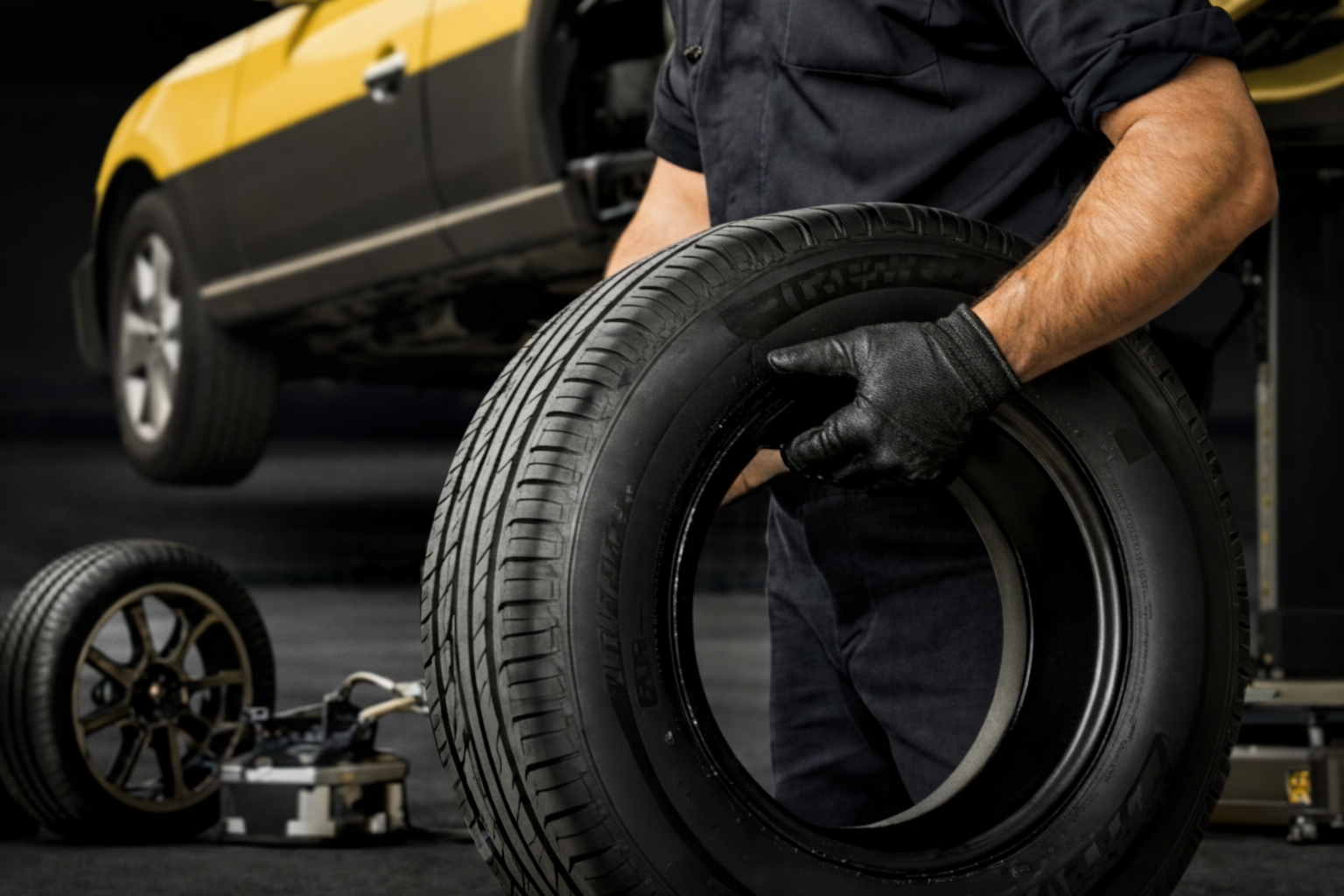 Autószerviz szerelő gumiabronccsal
